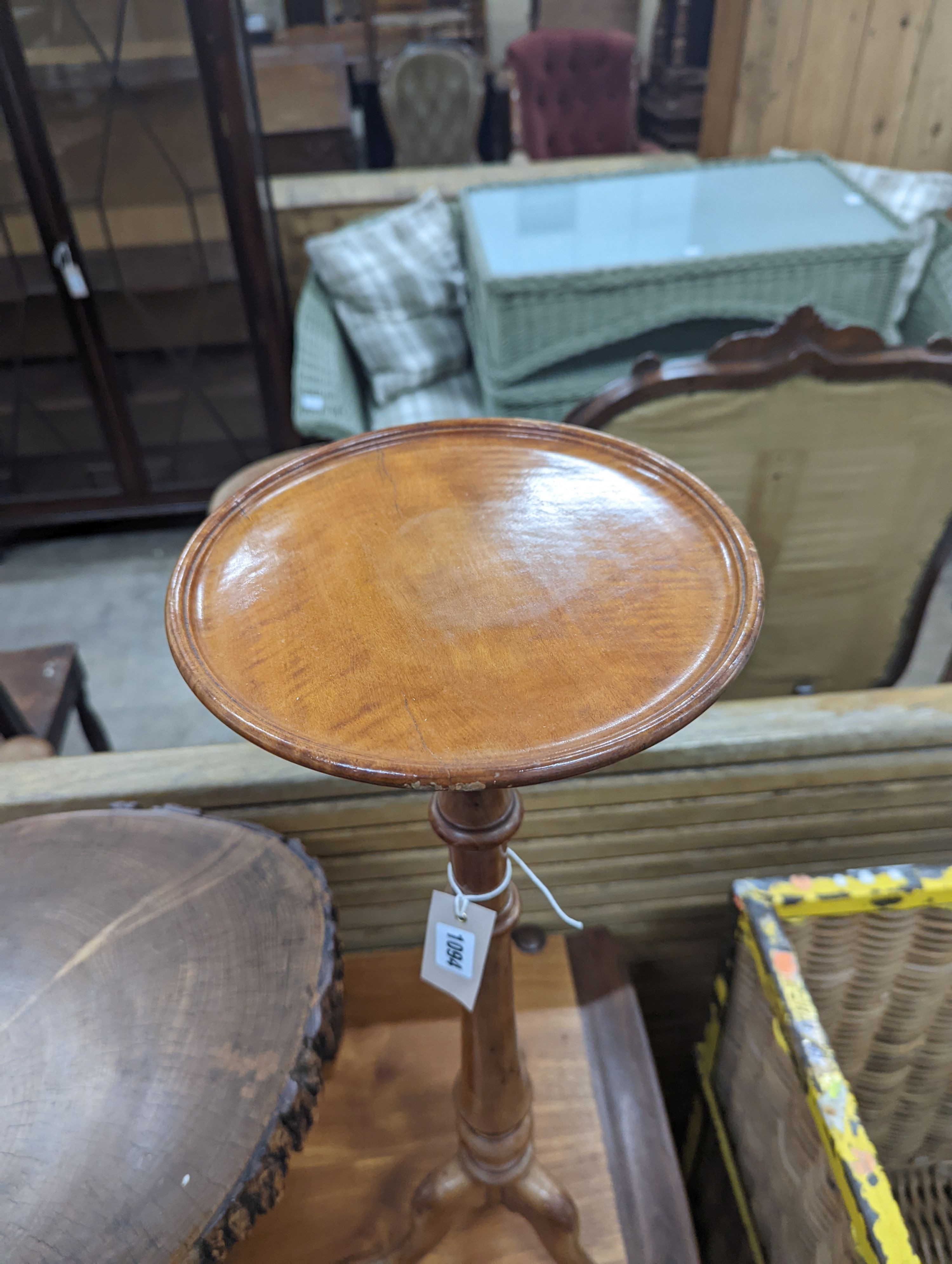 A rustic tree section low table, length 52cm, height 32cm together with a Victorian satin walnut candlestand